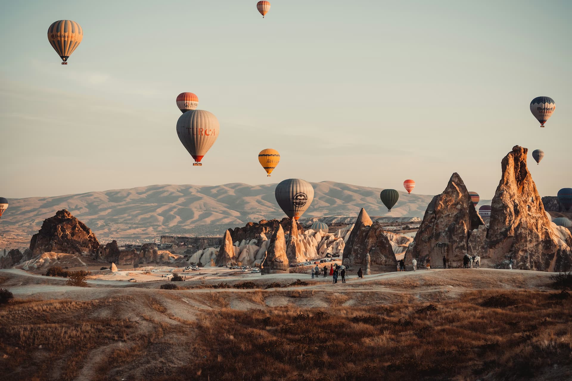 Cappadocia landscape with hot air balloons and fairy chimneys